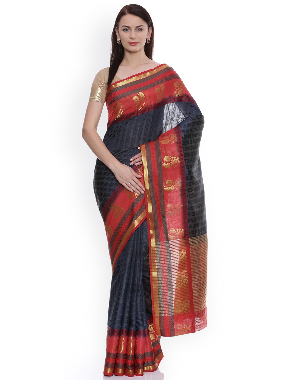 

MIMOSA Navy Blue Art Silk Striped Kanjeevaram Saree