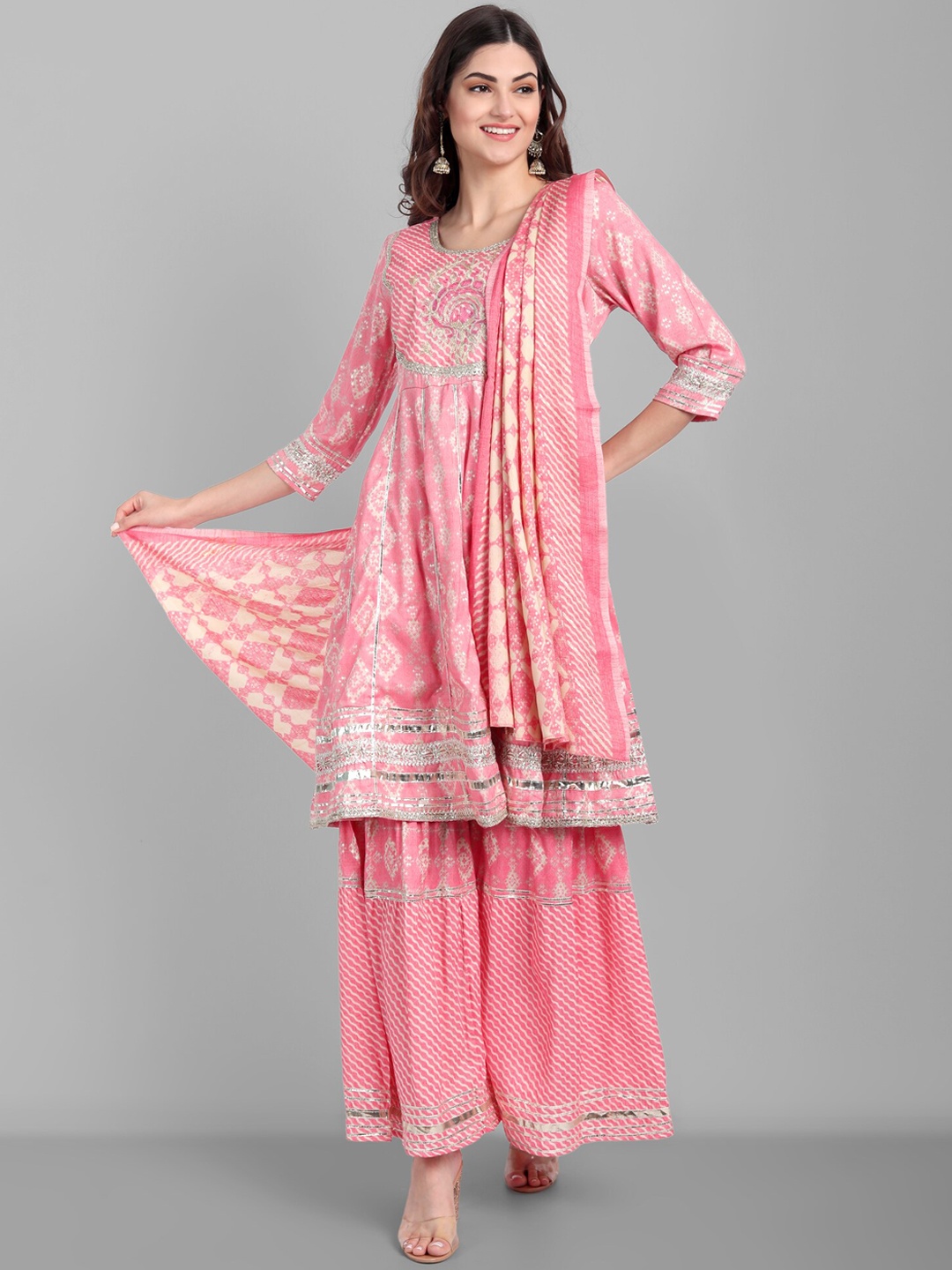 

SINGNI Women Pink Ethnic Motifs Printed Panelled Kurta with Sharara & With Dupatta