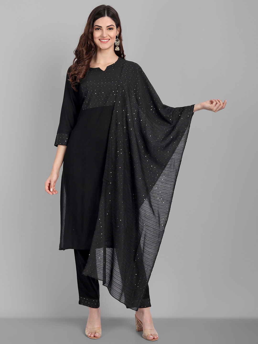

SINGNI Women Black Sequinned Kurta with Trousers & With Dupatta