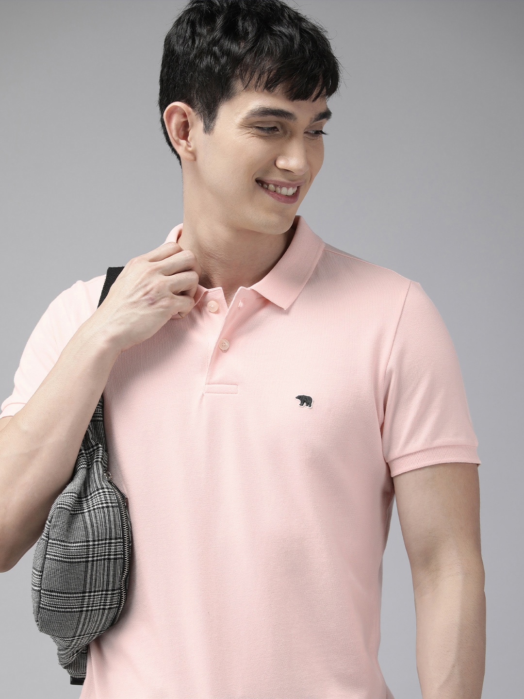 

THE BEAR HOUSE Men Pink Polo Collar Cotton Slim Fit T-shirt