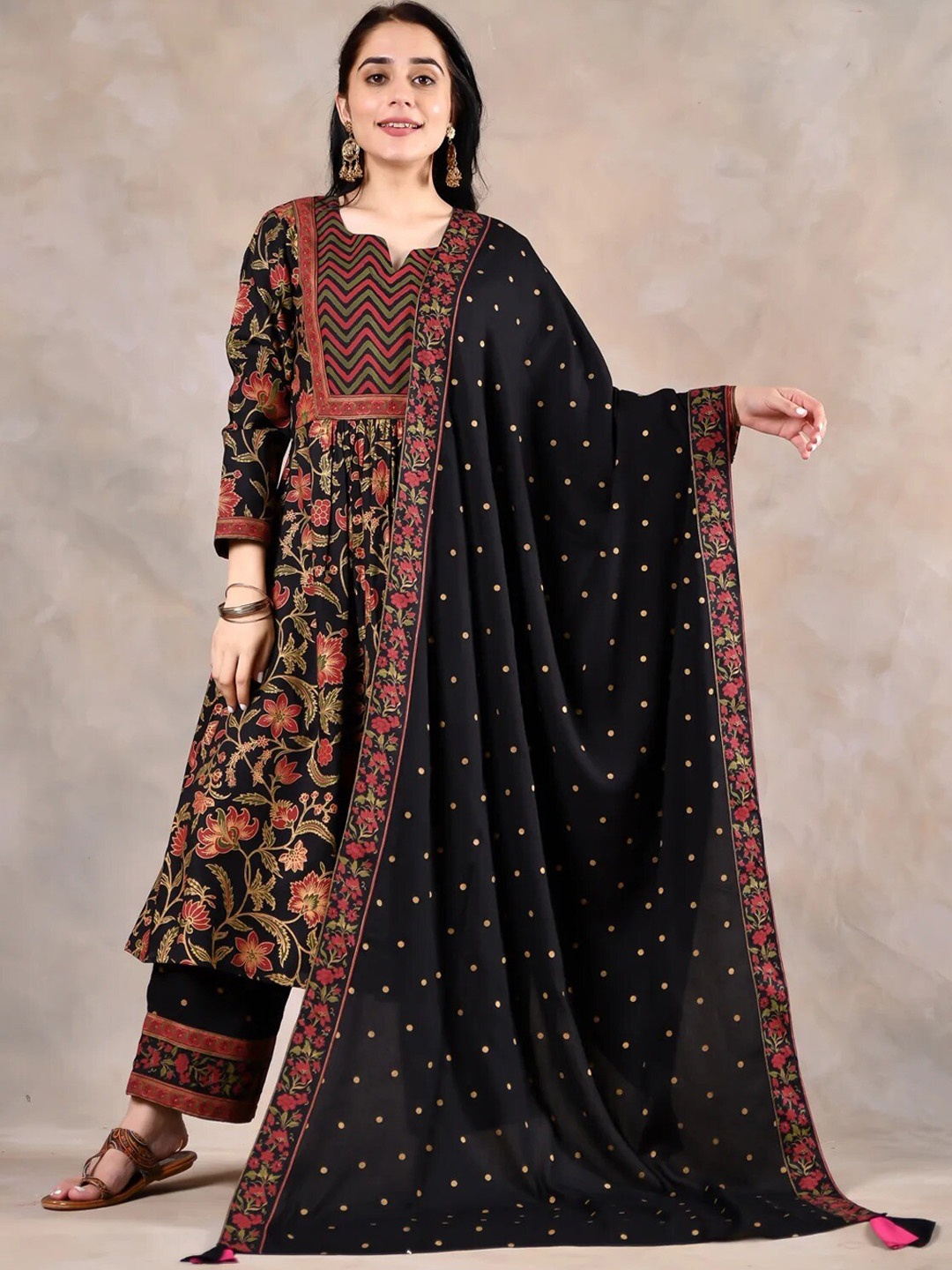 

Rustorange Women Black Gathered Yoke Kurta Pant Dupatta Set