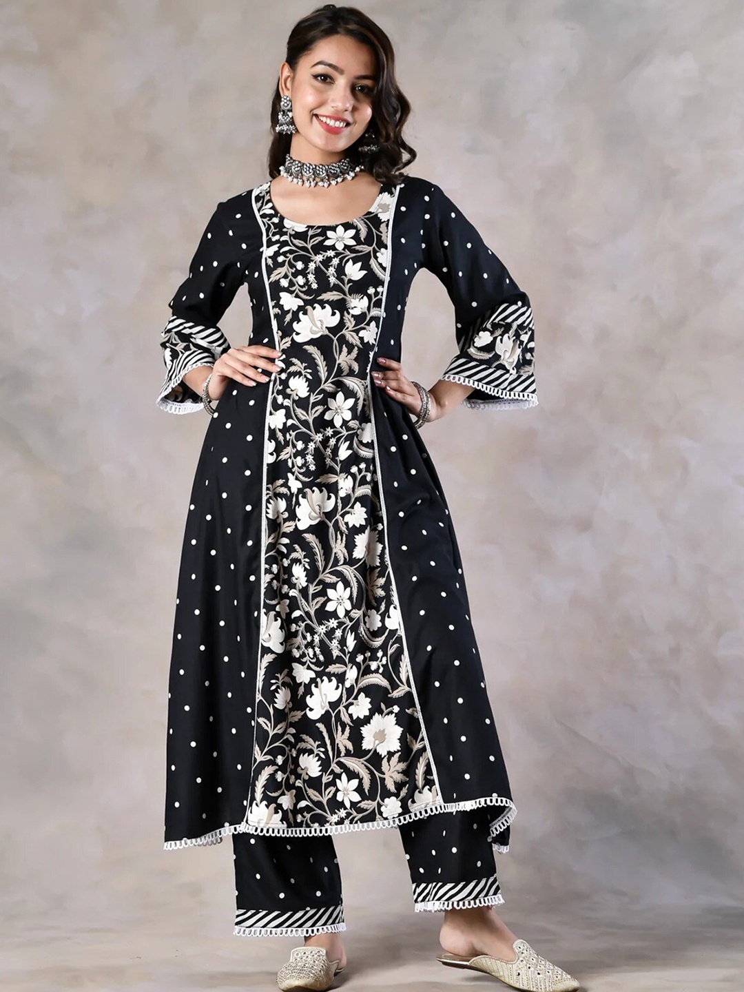

Rustorange Women Black Floral Paneled Kurta Pant and Dupatta Set