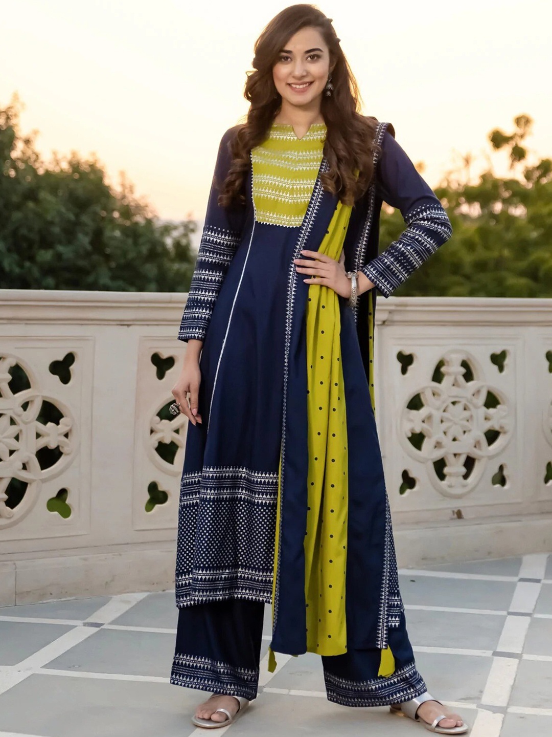 

Rustorange Women Blue & Olive Silver Printed Flared Kurta Dupatta Set with Gota Details