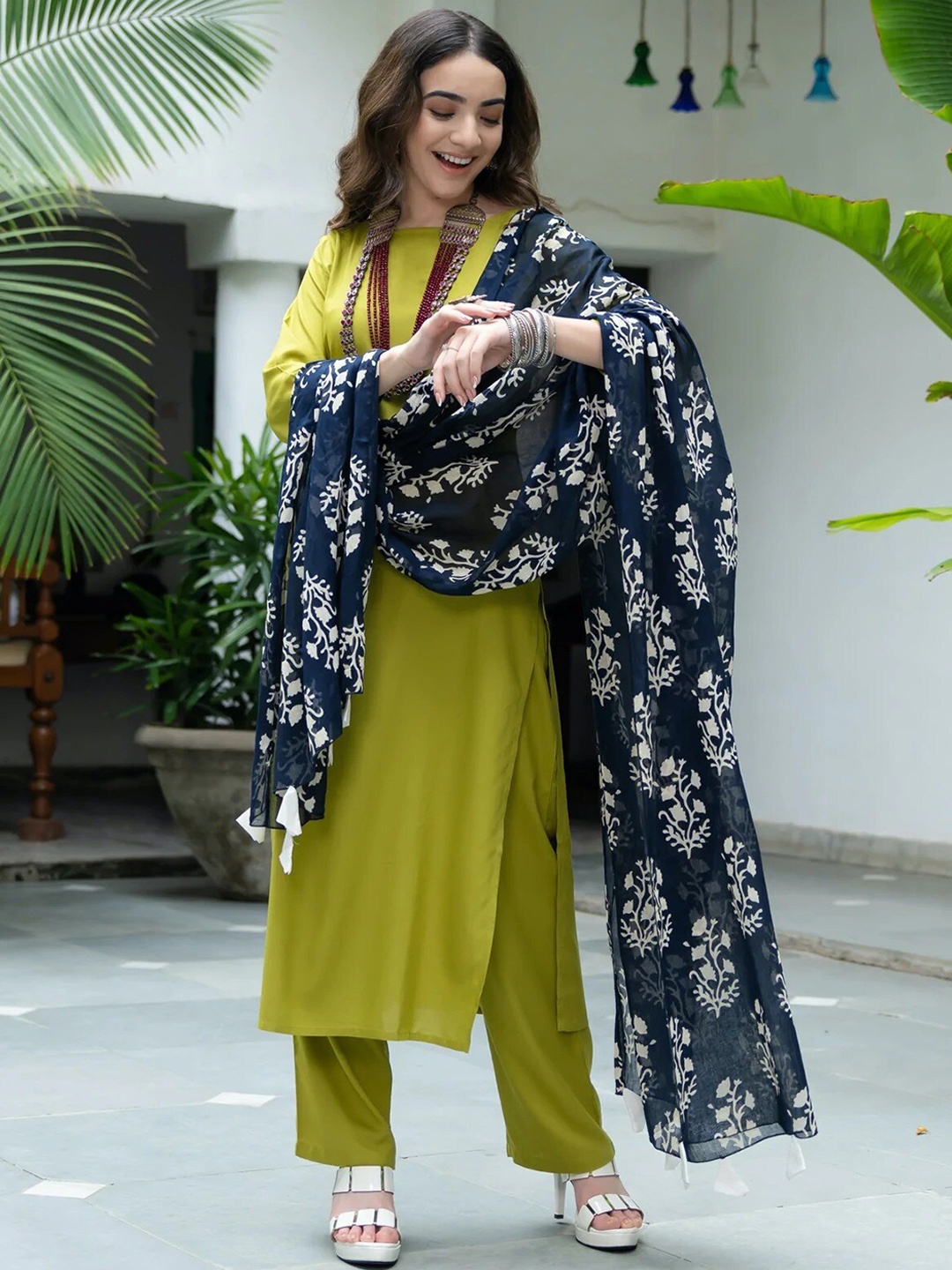 

Rustorange Women Olive Green Panelled Kurta with Trousers & With Dupatta