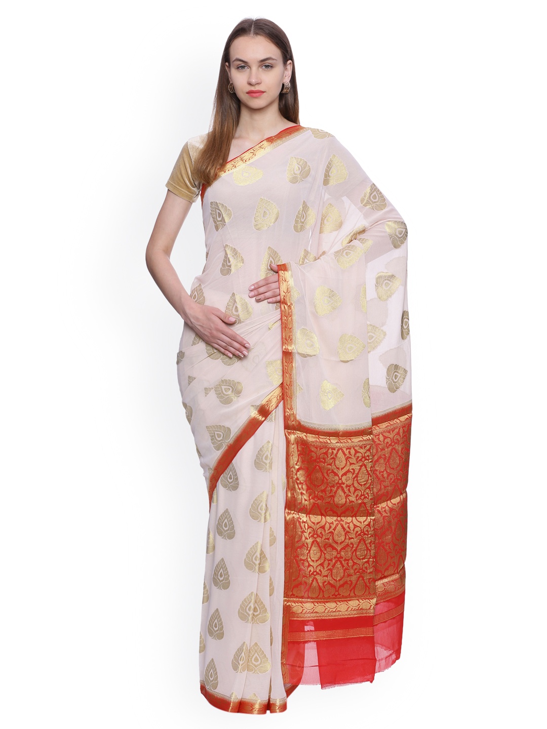

MIMOSA Off-White Poly Chiffon Woven Design Banarasi Saree