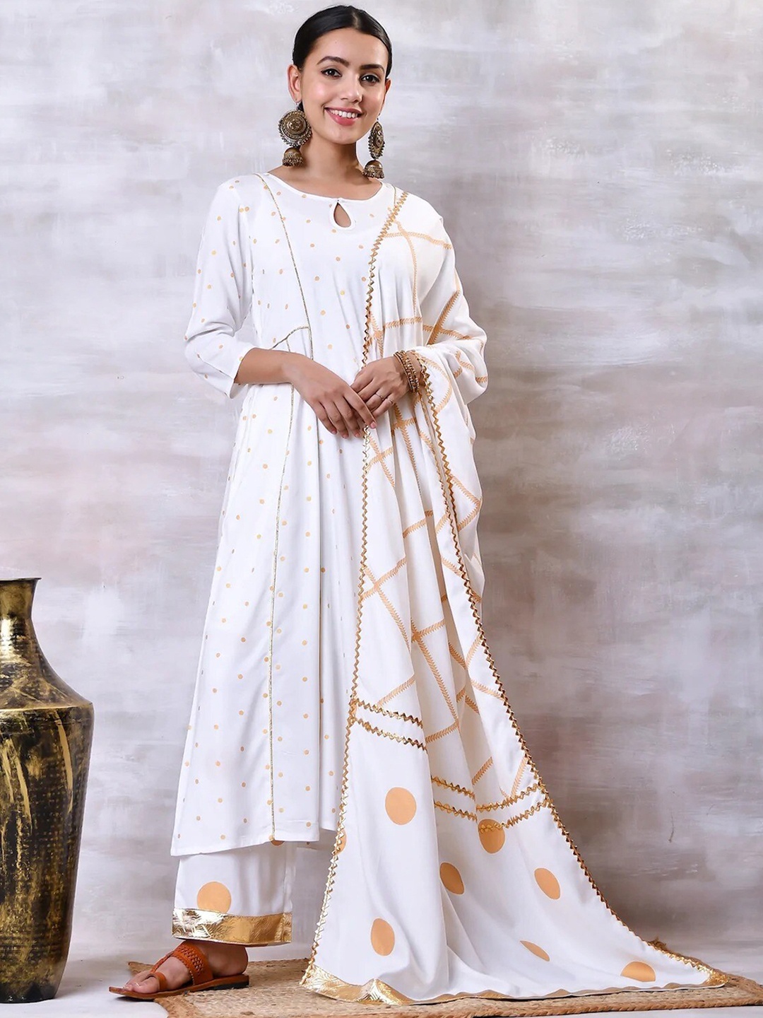 

Rustorange Women Off White Gold Polka Printed Full Kurta Set with Gota Details