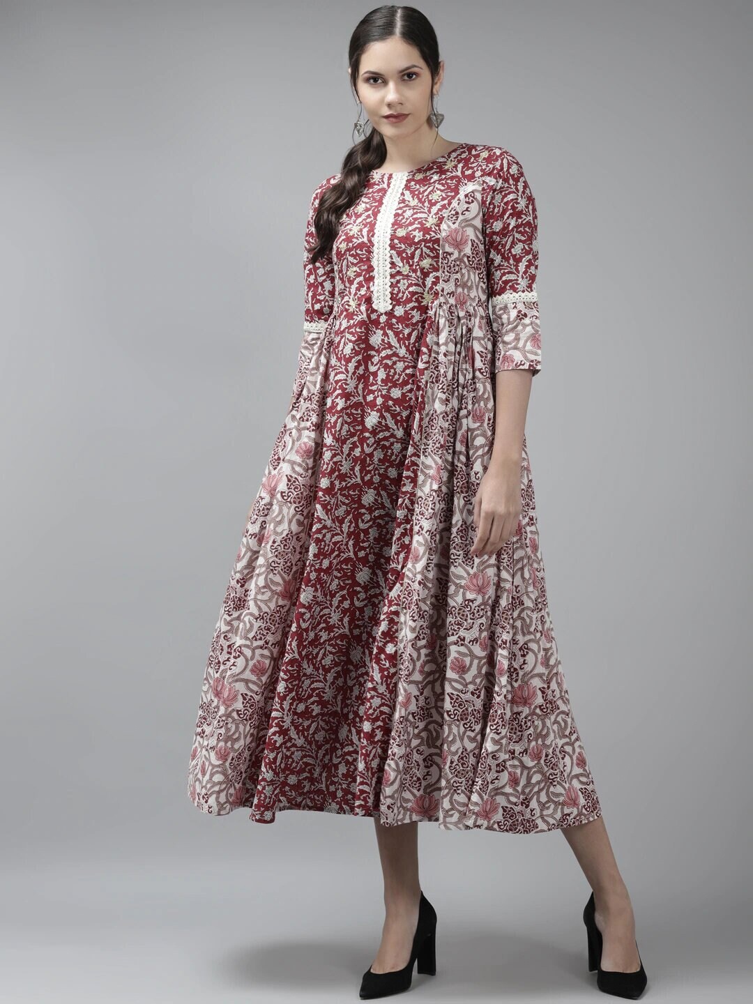 

Amirah s Women Maroon Floral Printed Cotton Midi Fit & Flare Dress