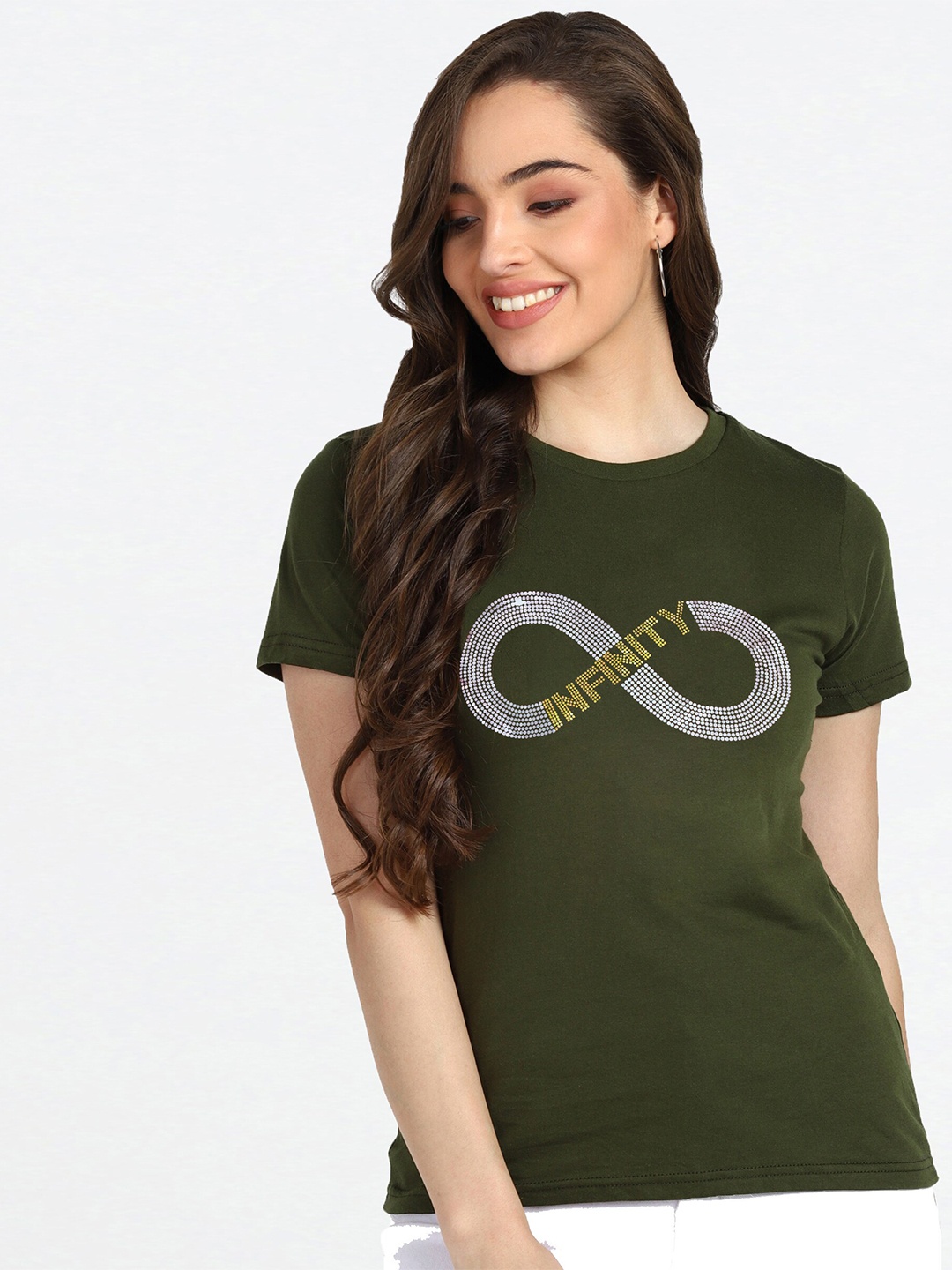 

shashvi Women Khaki Typography Printed Cotton T-shirt
