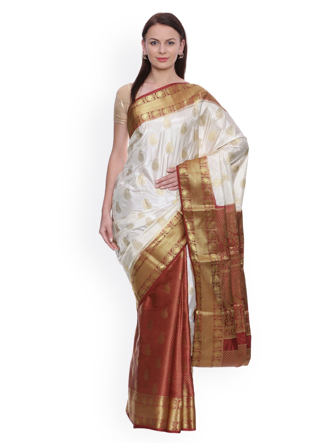 

MIMOSA Off-White & Maroon Art Silk Woven Design Kanjeevaram Saree