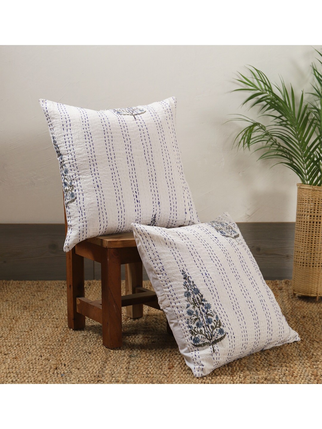 

HANDICRAFT PALACE White & Blue Set of 2 Floral Square Cushion Covers