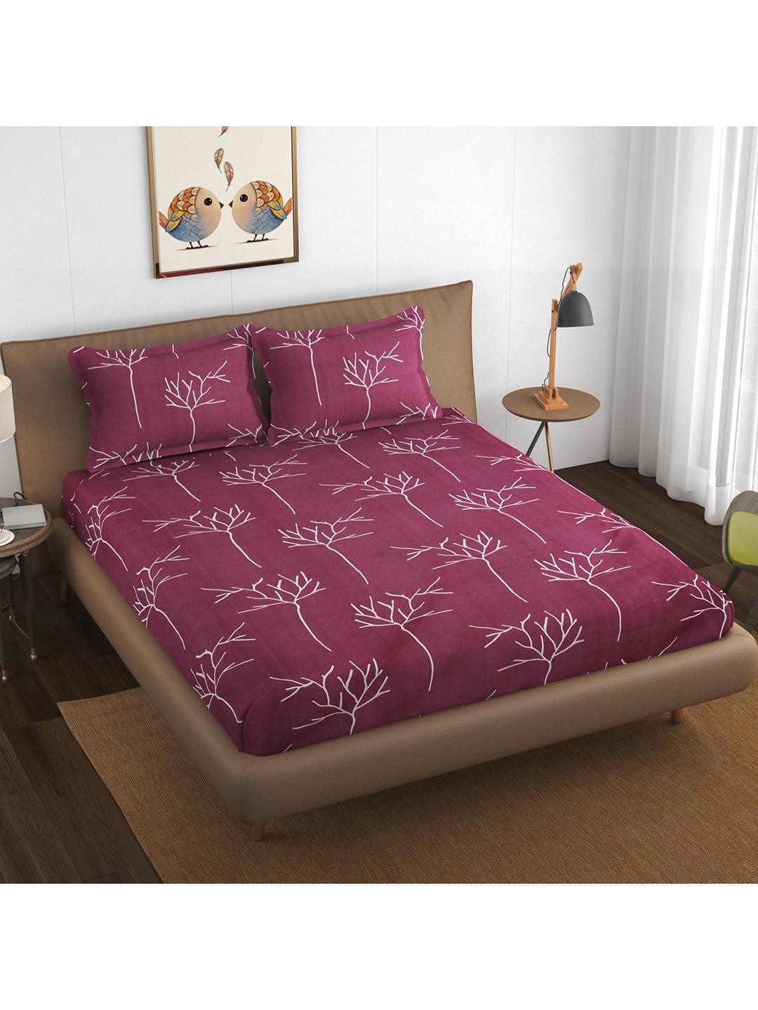 

BELVOSTUM Burgundy & White Floral 220 TC Queen Bedsheet with 2 Pillow Covers