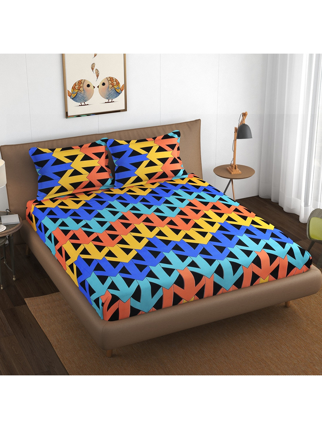 

BELVOSTUM Blue & Orange Geometric 220 TC Microfiber Queen Bedsheet with 2 Pillow Covers