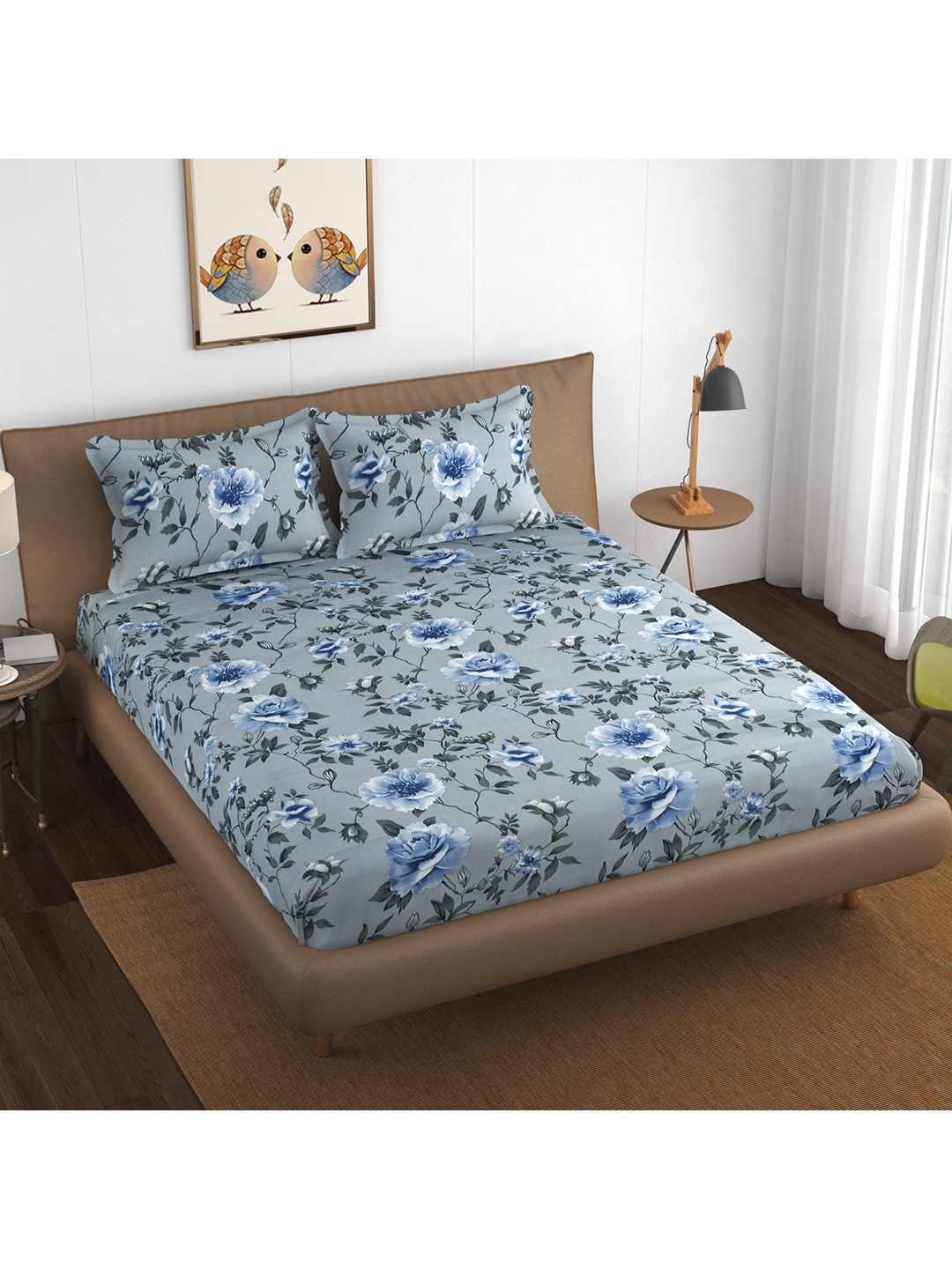 

BELVOSTUM Grey & Blue Floral 220 TC Queen Bedsheet with 2 Pillow Covers