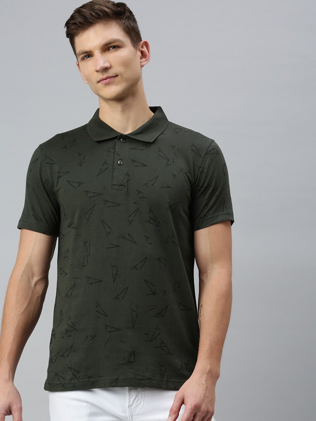 

Kryptic Men Olive Green Printed Polo Collar T-shirt