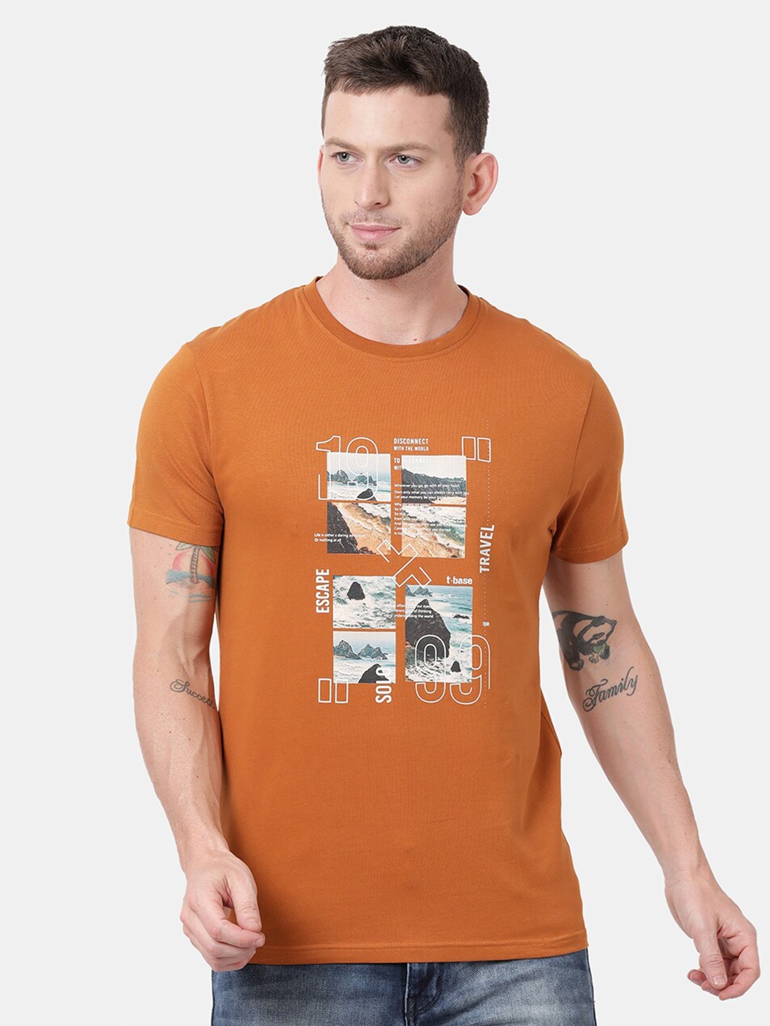 

t-base Men Brown Printed Cotton T-shirt