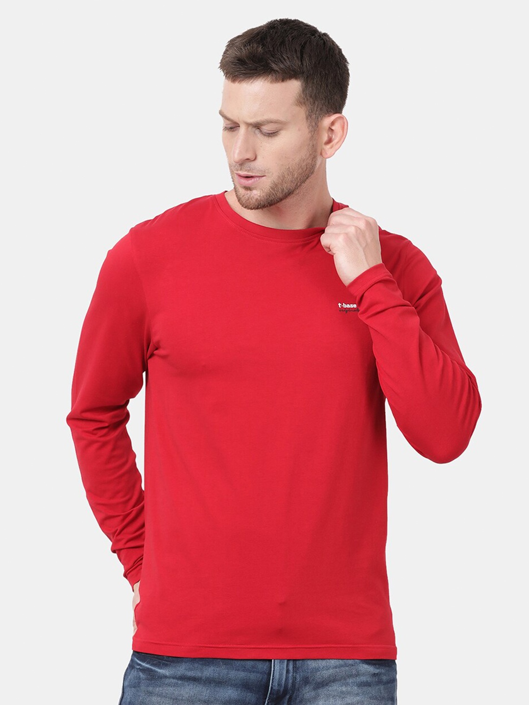 

t-base Men Red Cotton Lycra Solid T-shirt