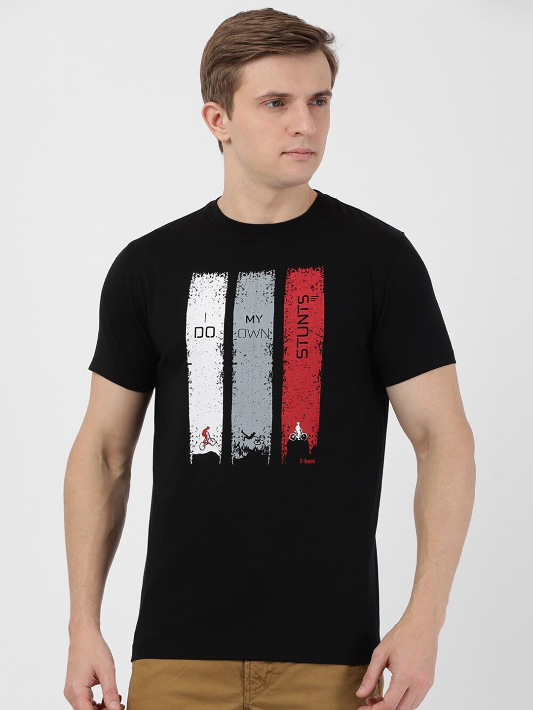 t-base Men Black Typography Printed Raw Edge T-shirt