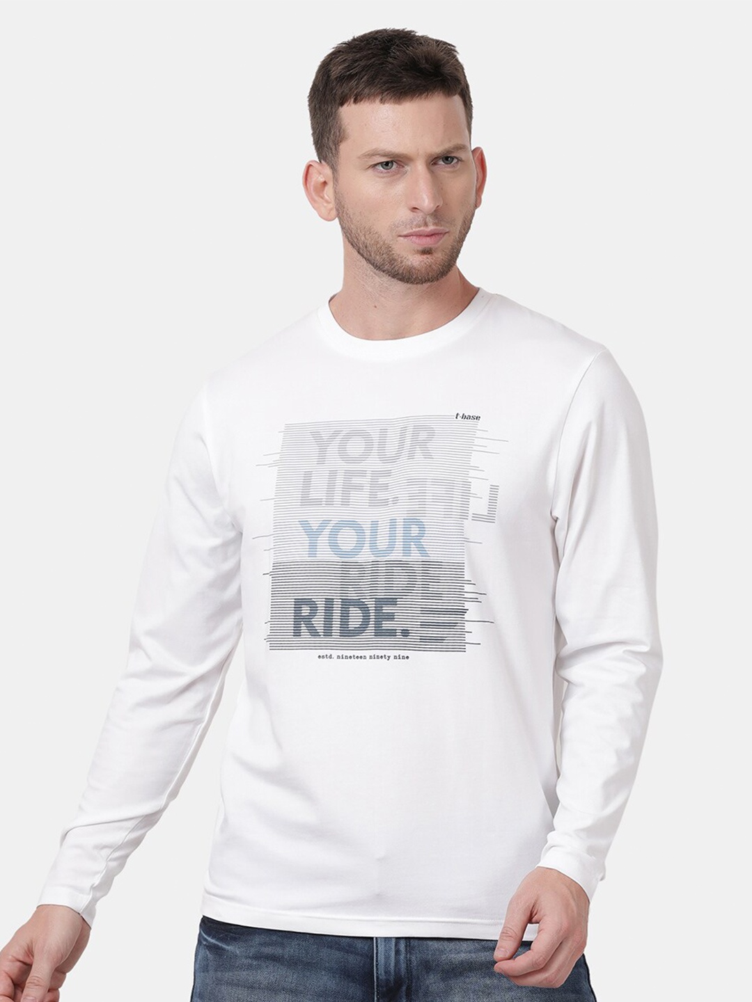 

t-base Men White Typography Printed Raw Edge Cotton T-shirt