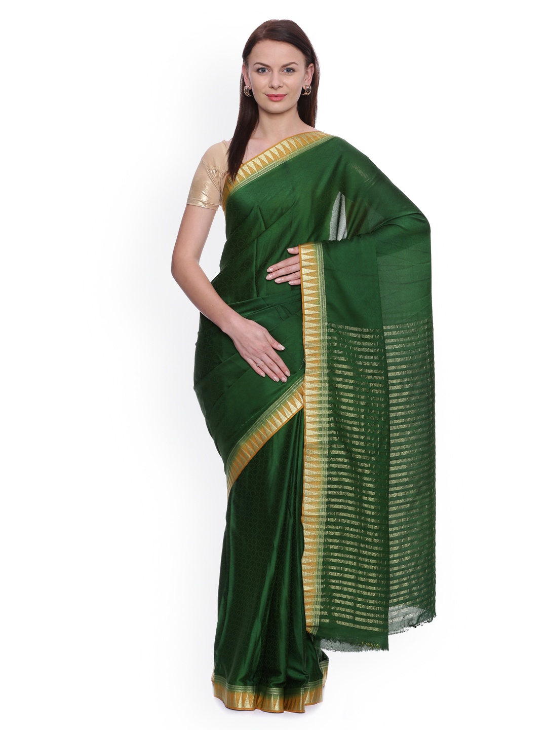 

MIMOSA Green Poly Crepe Solid Banarasi Saree
