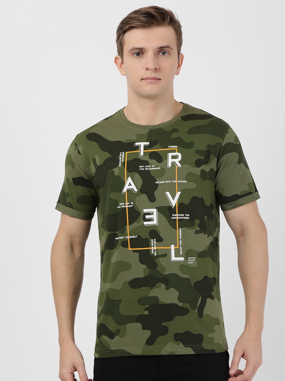 

t-base Men Olive Green Camouflage Printed T-shirt