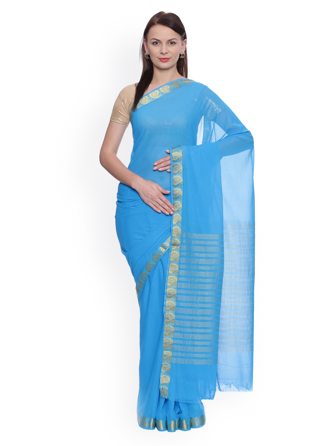 

MIMOSA Blue Poly Chiffon Solid Banarasi Saree