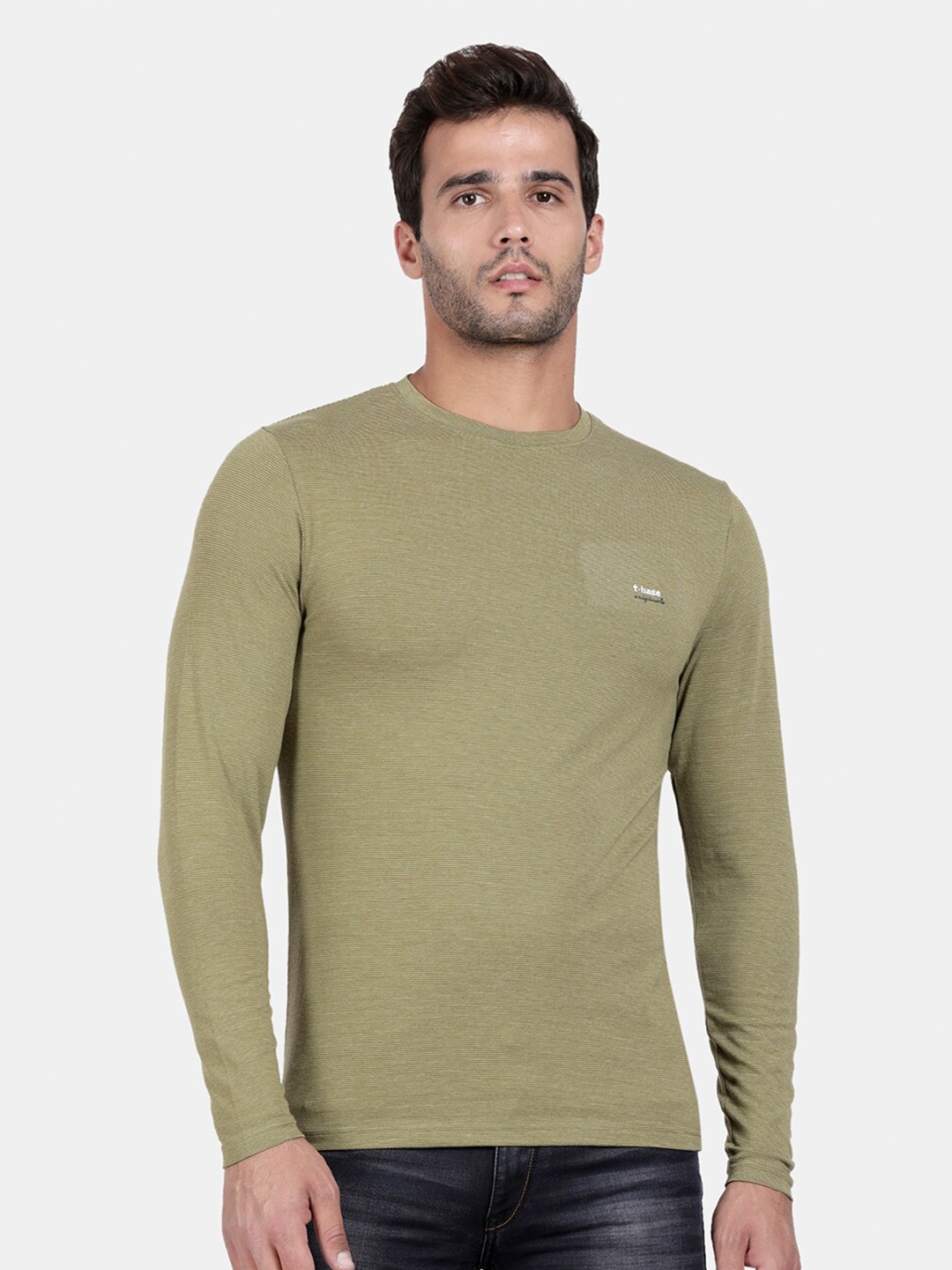 

t-base Men Green Solid Full Sleeves T-shirt
