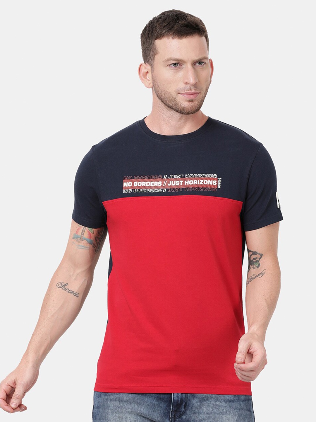 

t-base Men Red & Blue Colourblocked T-shirt