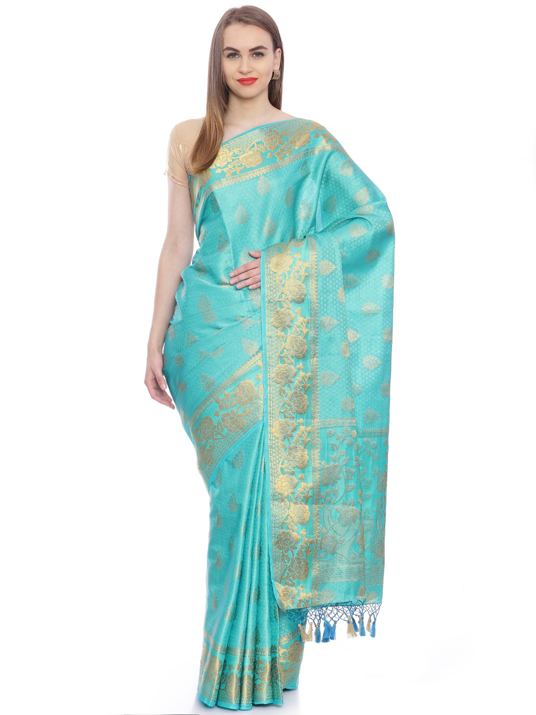 

MIMOSA Turquoise Blue Art Silk Woven Design Kanjeevaram Saree