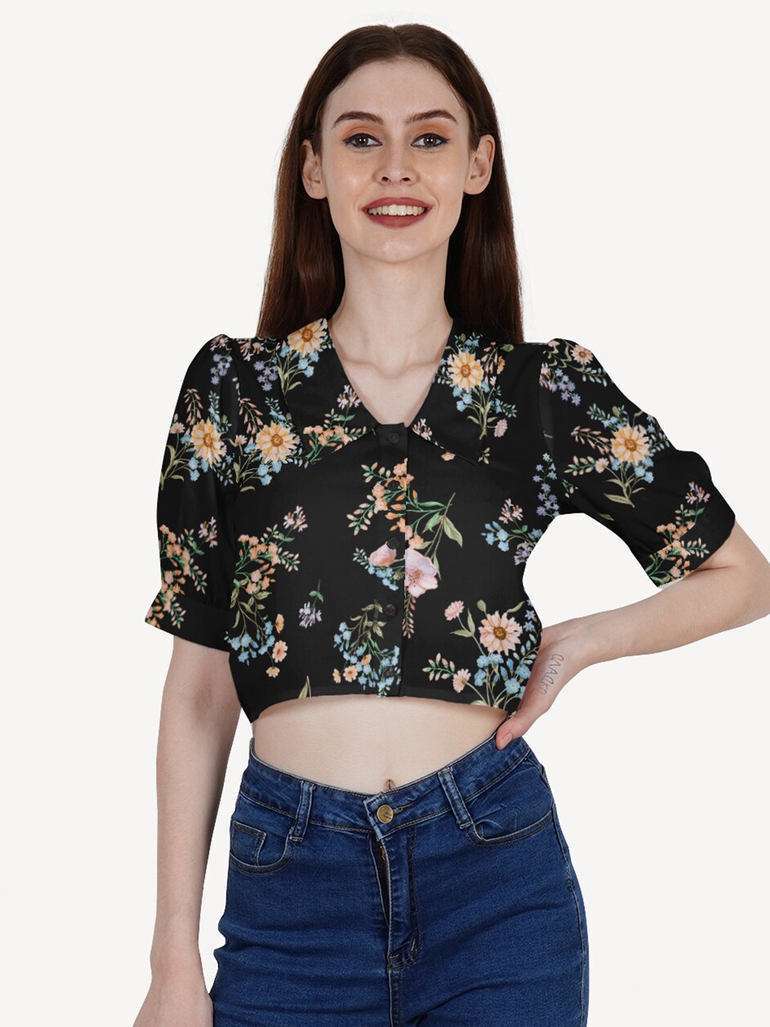 

DressBerry Black Floral Print Crepe Crop Top