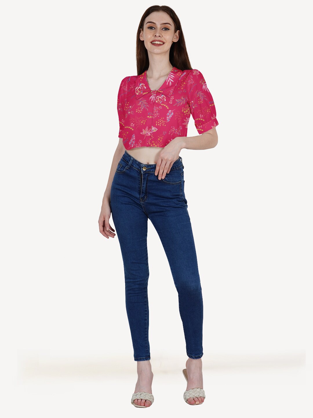 

DressBerry Pink Floral Print Crepe Crop Top