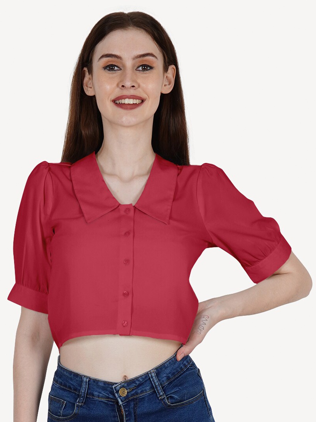 

DressBerry Red Crepe Shirt Collar Crop Top