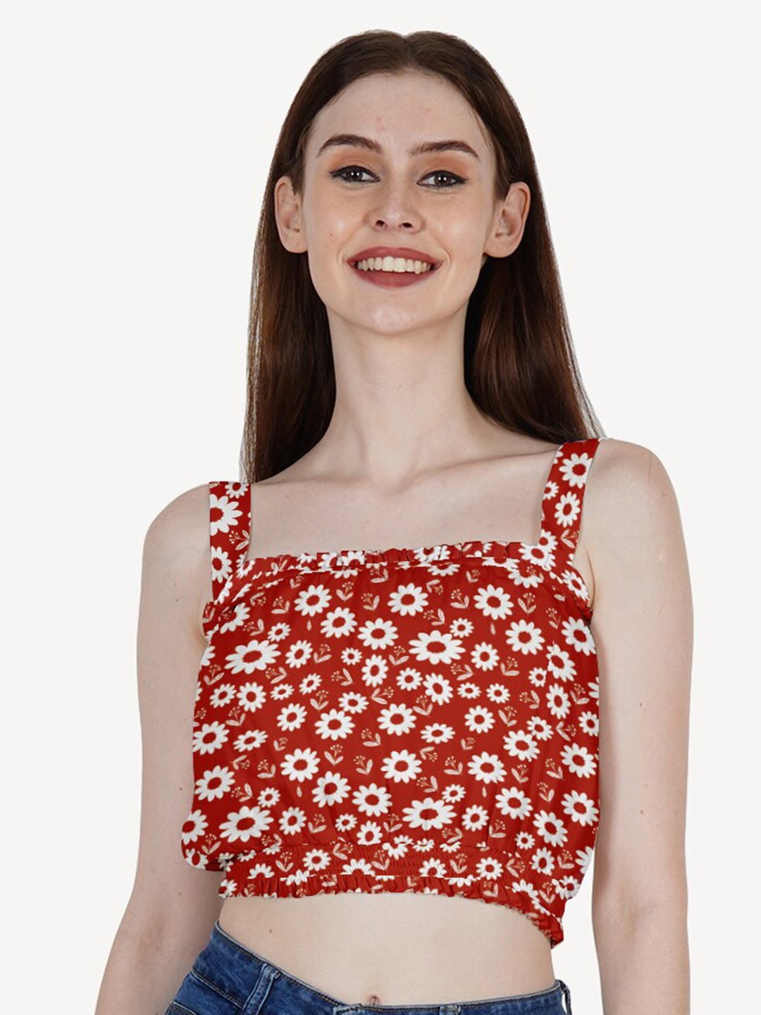 

DressBerry Women Red Floral Print Crepe Crop Top