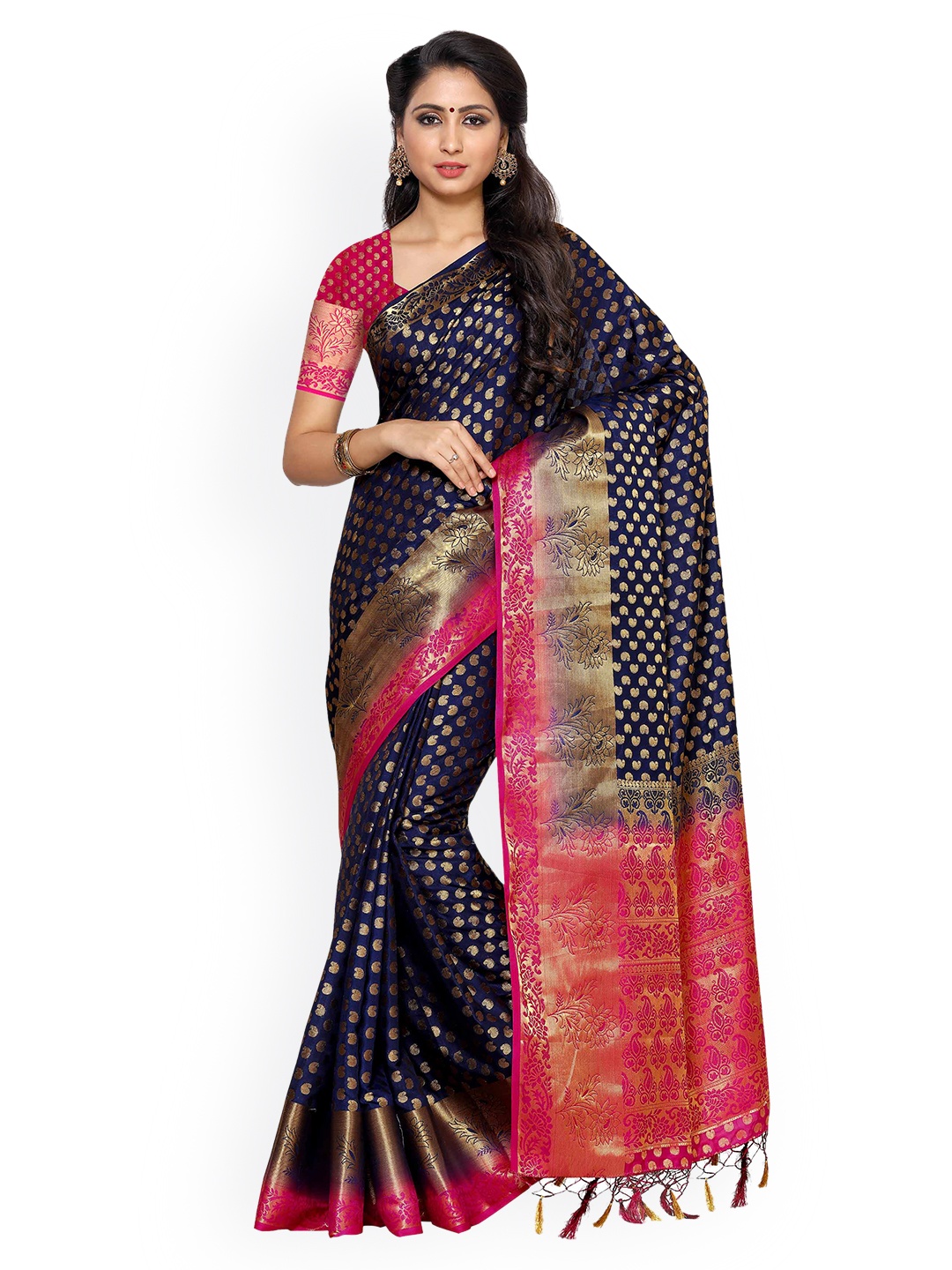 

MIMOSA Navy Blue & Pink Art Silk Woven Design Kanjeevaram Saree