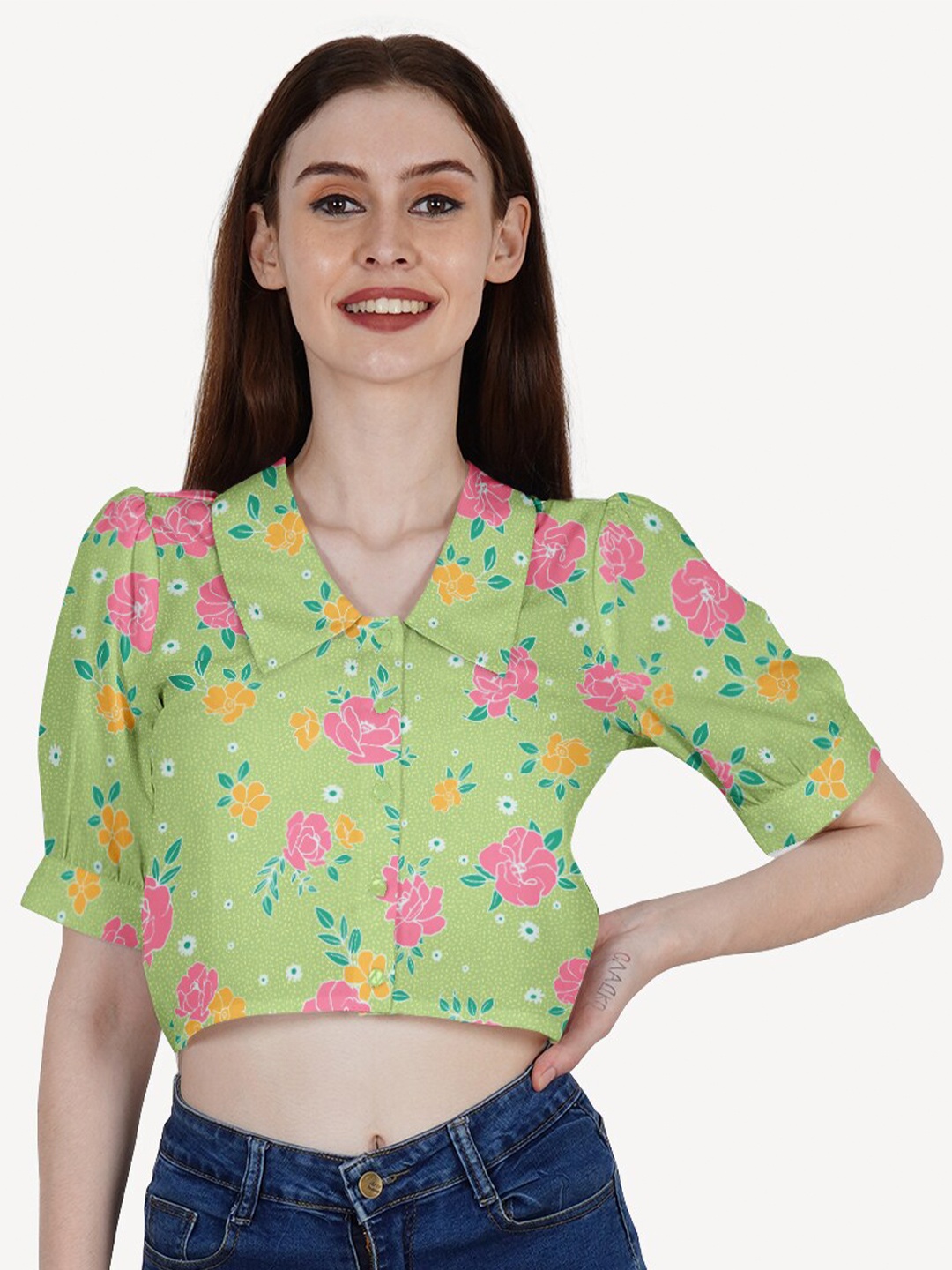 

DressBerry Green & Pink Floral Print Crepe Shirt Style Crop Top