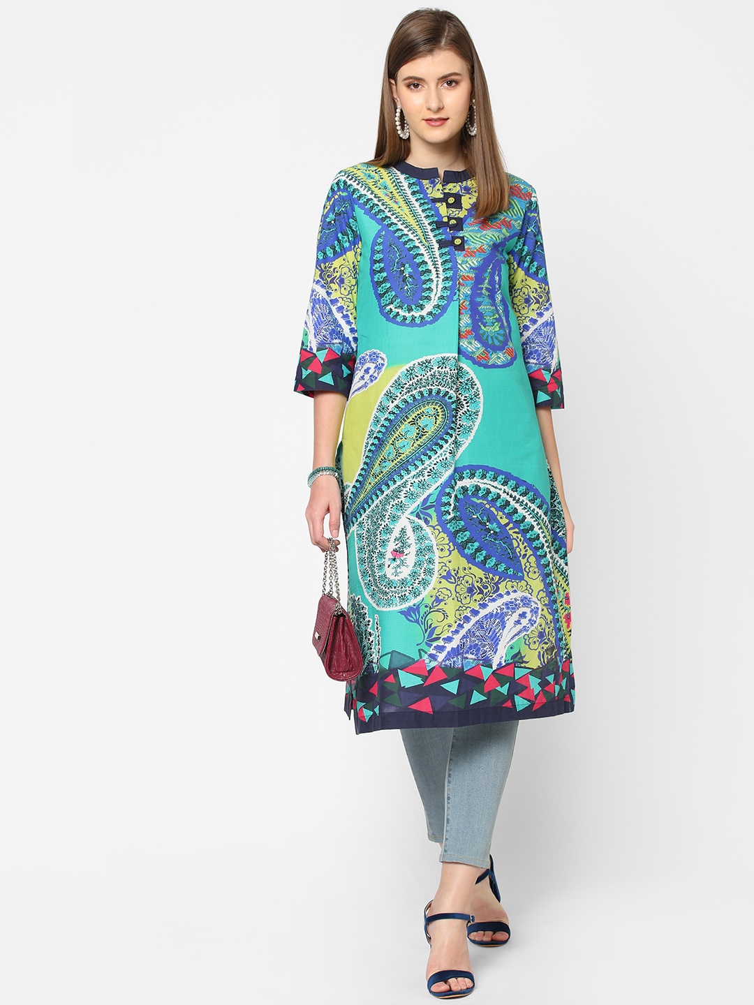 

Cloth Haus India Women Green & Blue Ethnic Motifs Printed Kurta
