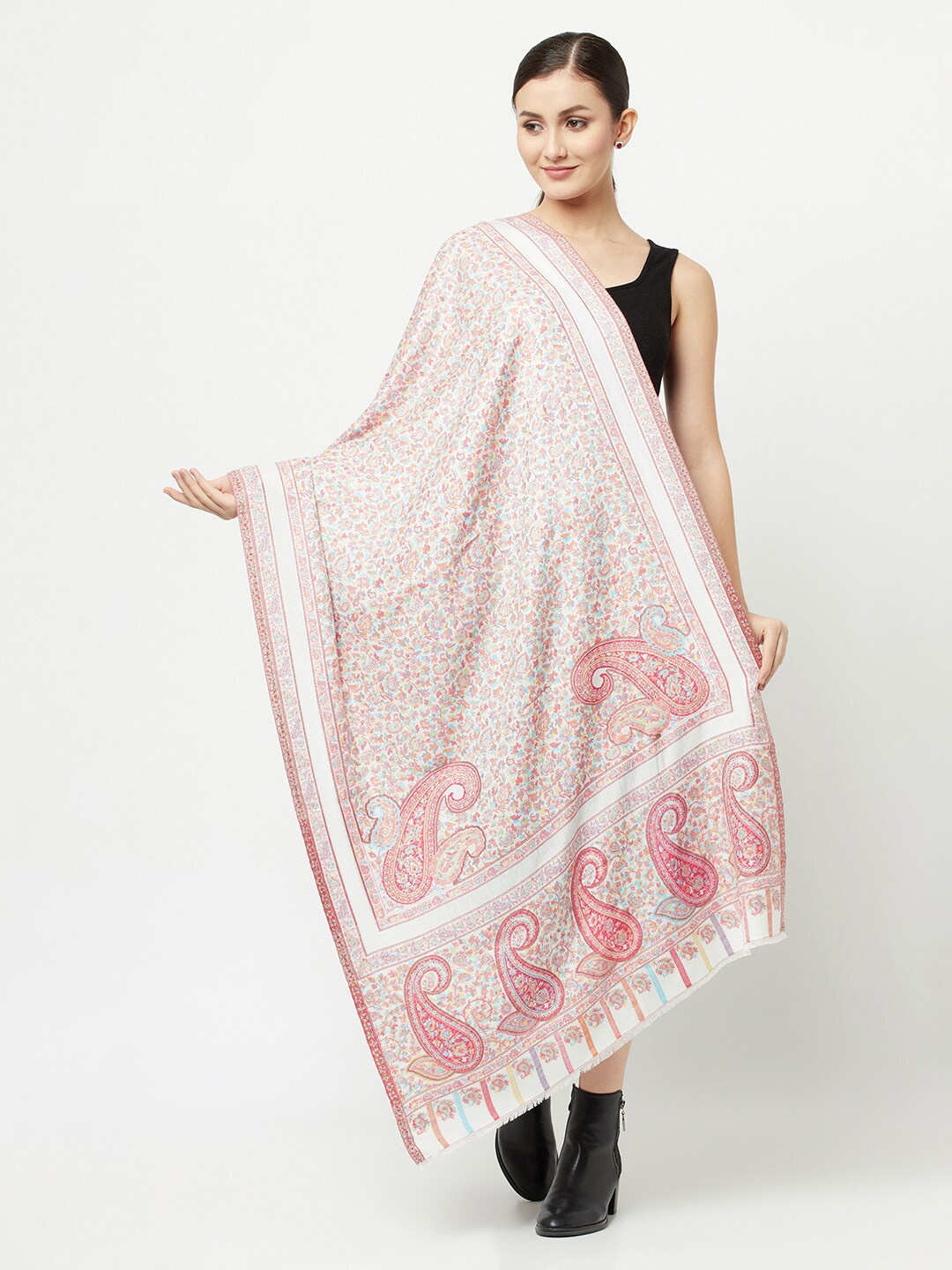 

La Vastraa Women White & Pink Woven Design Stole