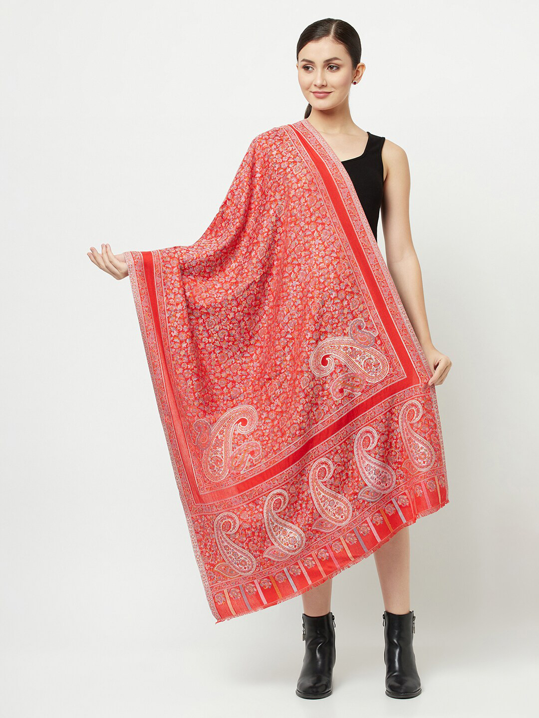 

La Vastraa Women Red & Off White Woven Design Stole