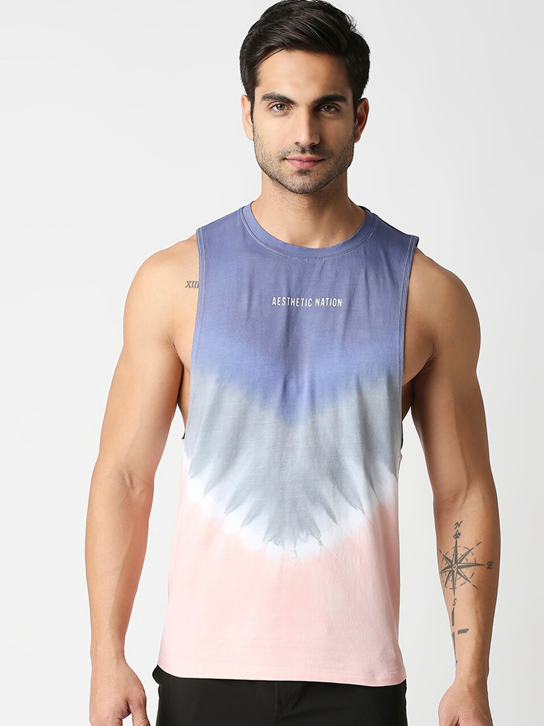 

AESTHETIC NATION Men Peach & Blue Printed Cotton Innerwear Gym Vest