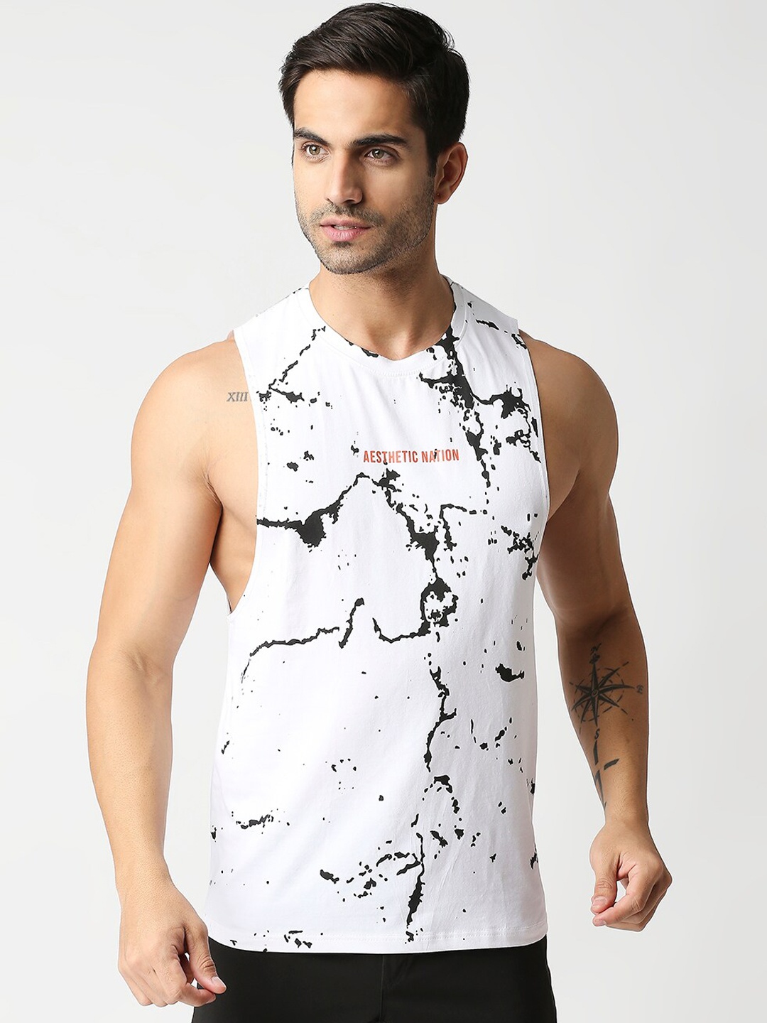 

AESTHETIC NATION Men White & Black Printed Cotton Innerwear Gym Vests