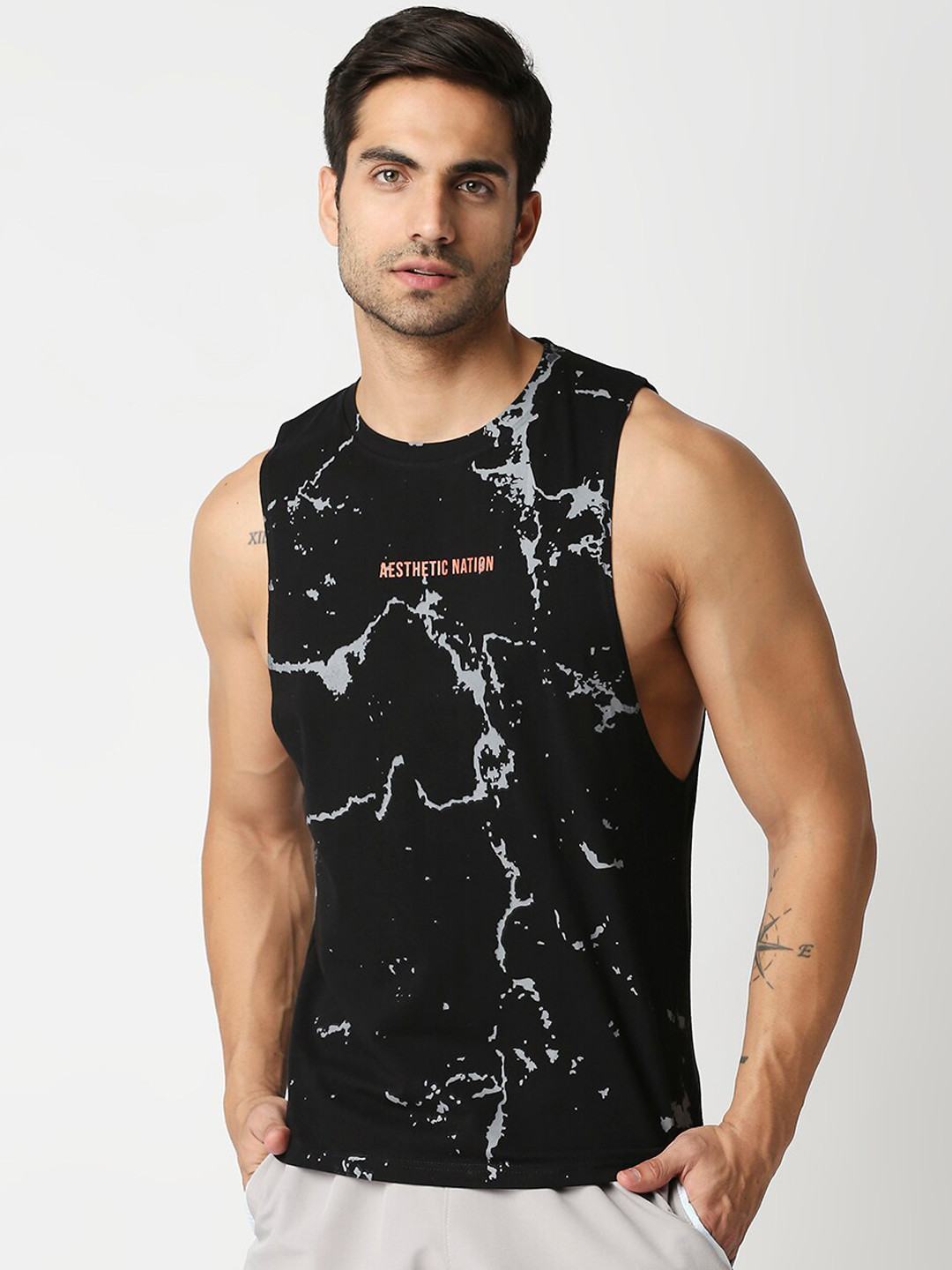 

AESTHETIC NATION Men Black Printed Cotton Innerwear Gym Vests