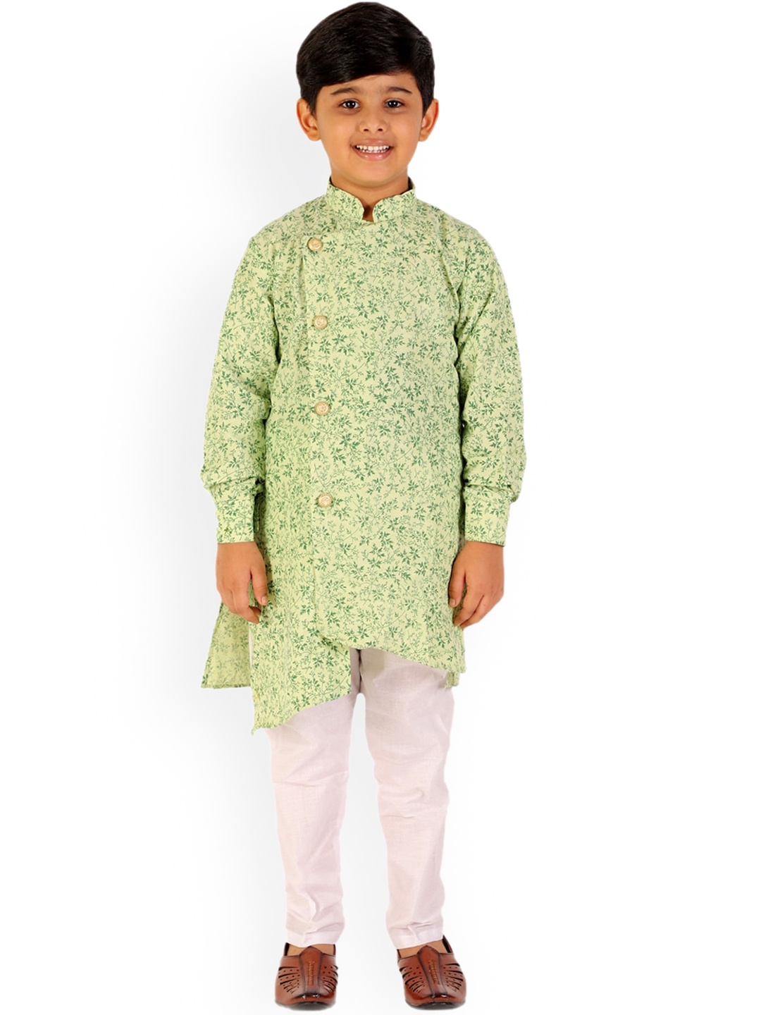 

Pro-Ethic STYLE DEVELOPER Boys Green Floral Printed Pure Cotton Kurta with Churidar