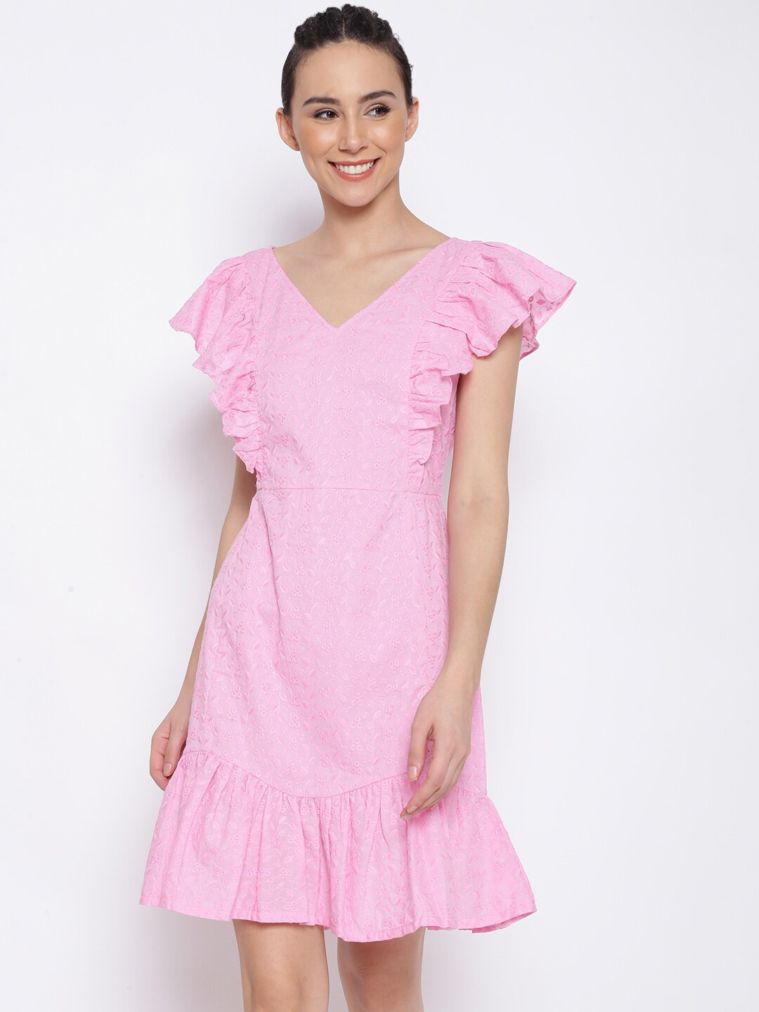 

MARC LOUIS Pink Self Design A-Line Dress