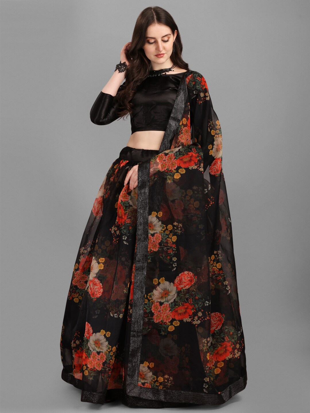 

Fashion Basket Black & Red Printed Semi-Stitched Lehenga & Unstitched Blouse With Dupatta