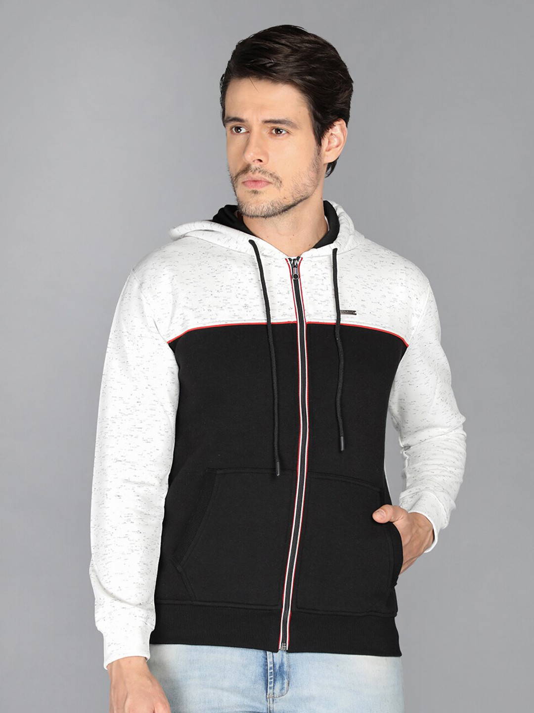 

PROTEX Men Grey Colourblocked Hooded Sweatshirt
