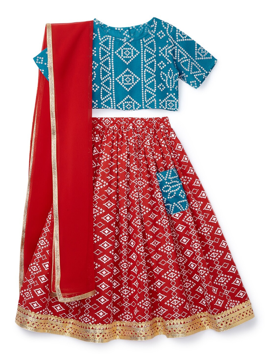 

YK Girls Red & Blue Printed Ready to Wear Lehenga & Blouse With Dupatta