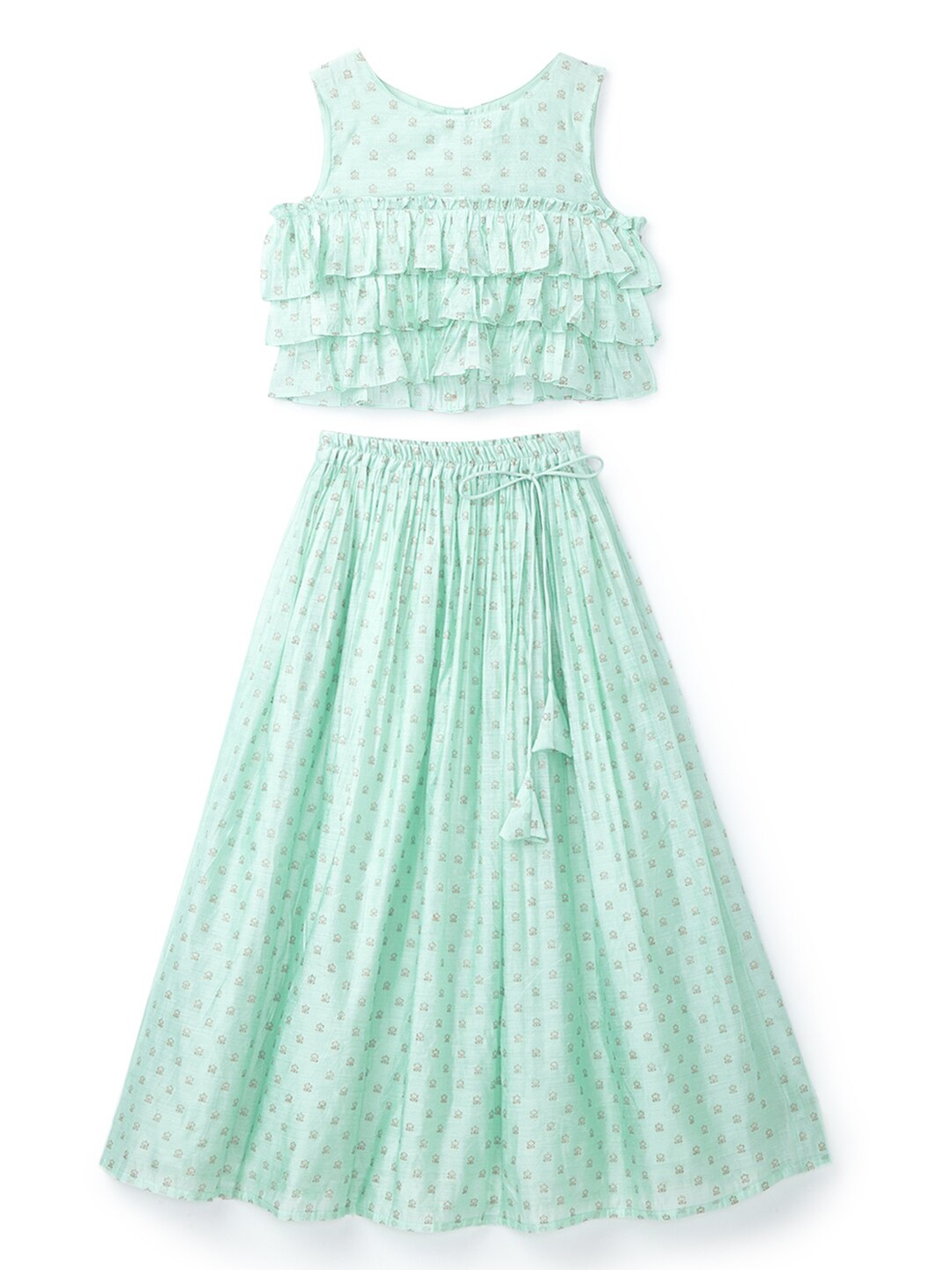 

YK Girls Mint Green Embellished Printed Ready to Wear Lehenga Choli