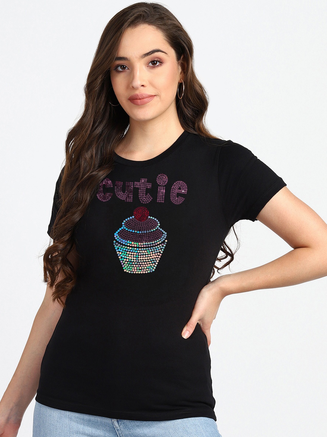 shashvi Women Black Embellished Round Neck T-shirt