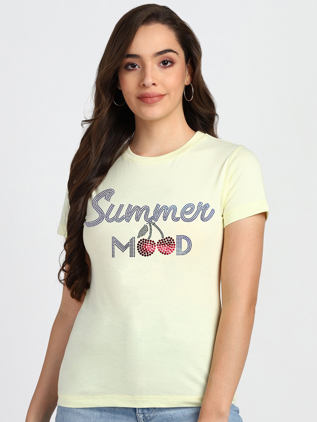 

shashvi Women Yellow Typography Printed Applique T-shirt