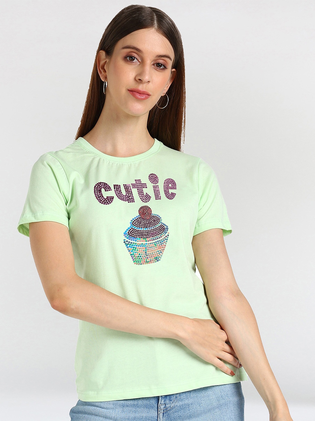 

shashvi Women Green Printed Cotton T-shirt