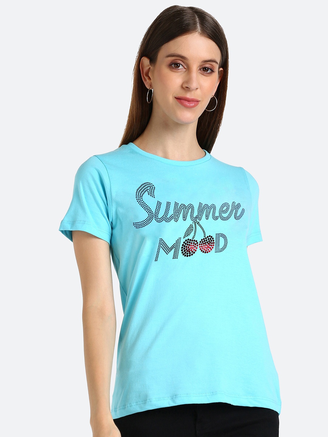 

shashvi Women Blue & Black Typography Printed T-shirt